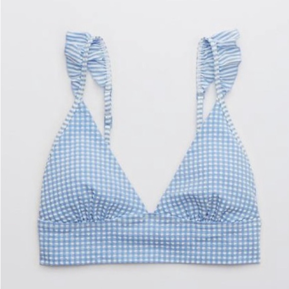 AERIE seersucker ruffle longline triangle bikini top plaid blue and white Size S